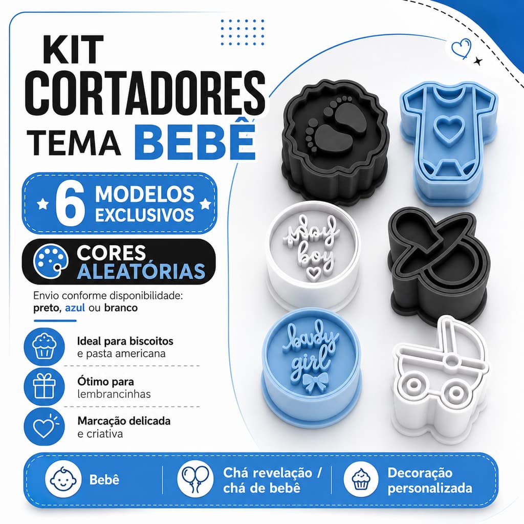 Kit Cortadores Tema Bebê Para Doces Biscuit 6 Modelos Chá Revelação e Chá de Bebê
