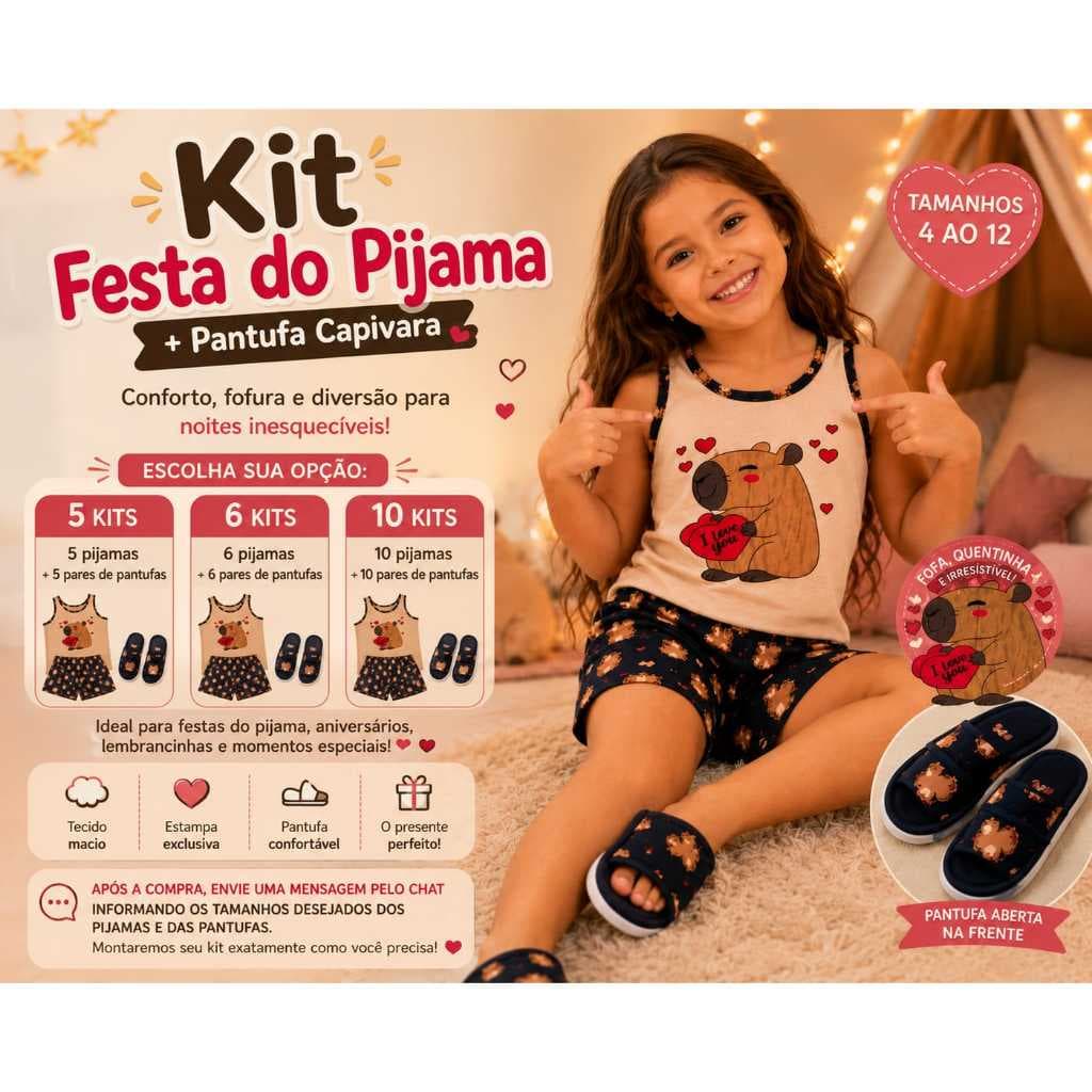 Kit festa do pijama pantufa + pijama infantil feminino regatinha da capivara short dool