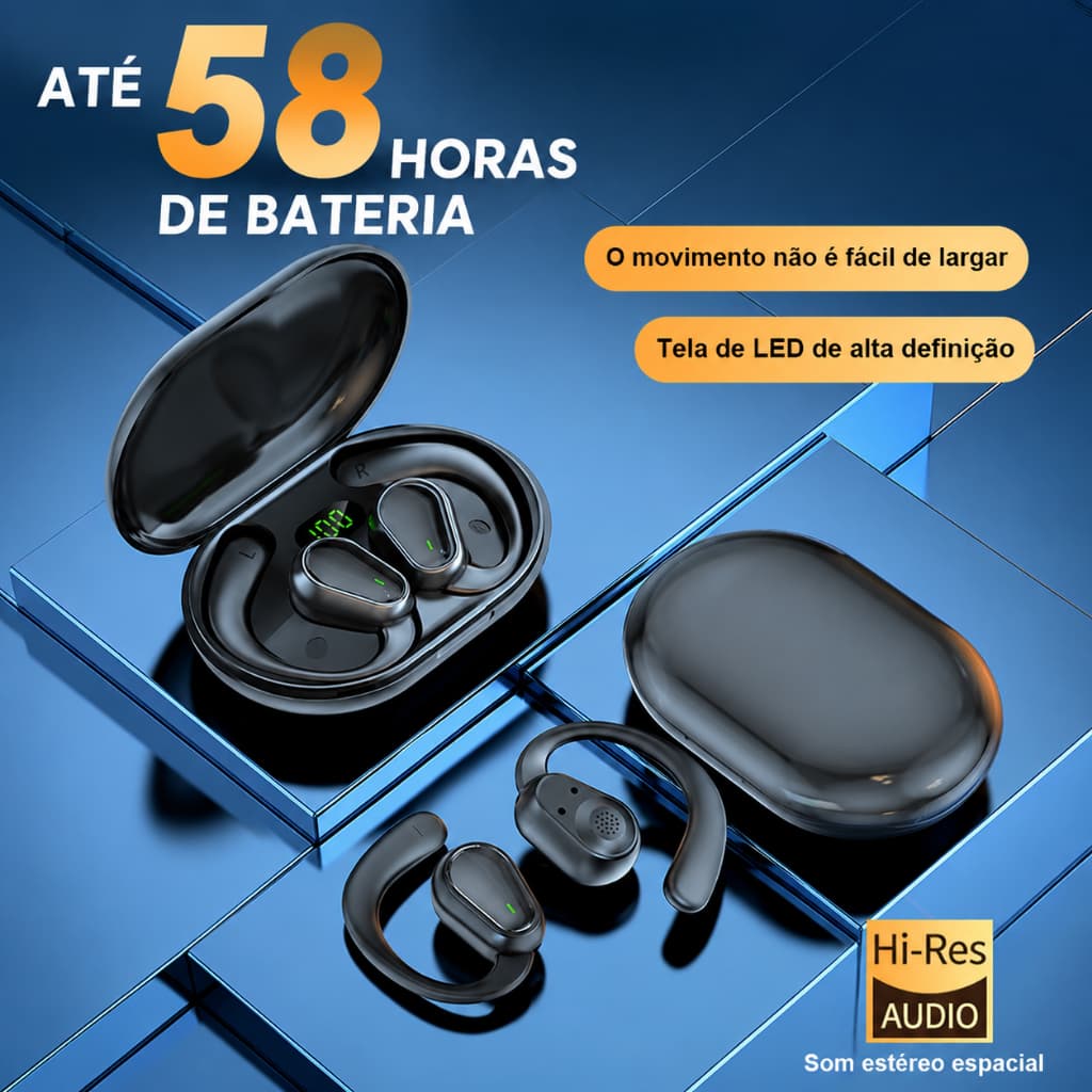 Fone de Ouvido Sem Fio D88 Bluetooth 5.3 Esportivo Gancho de Orelha com Display LED Bateria Longa