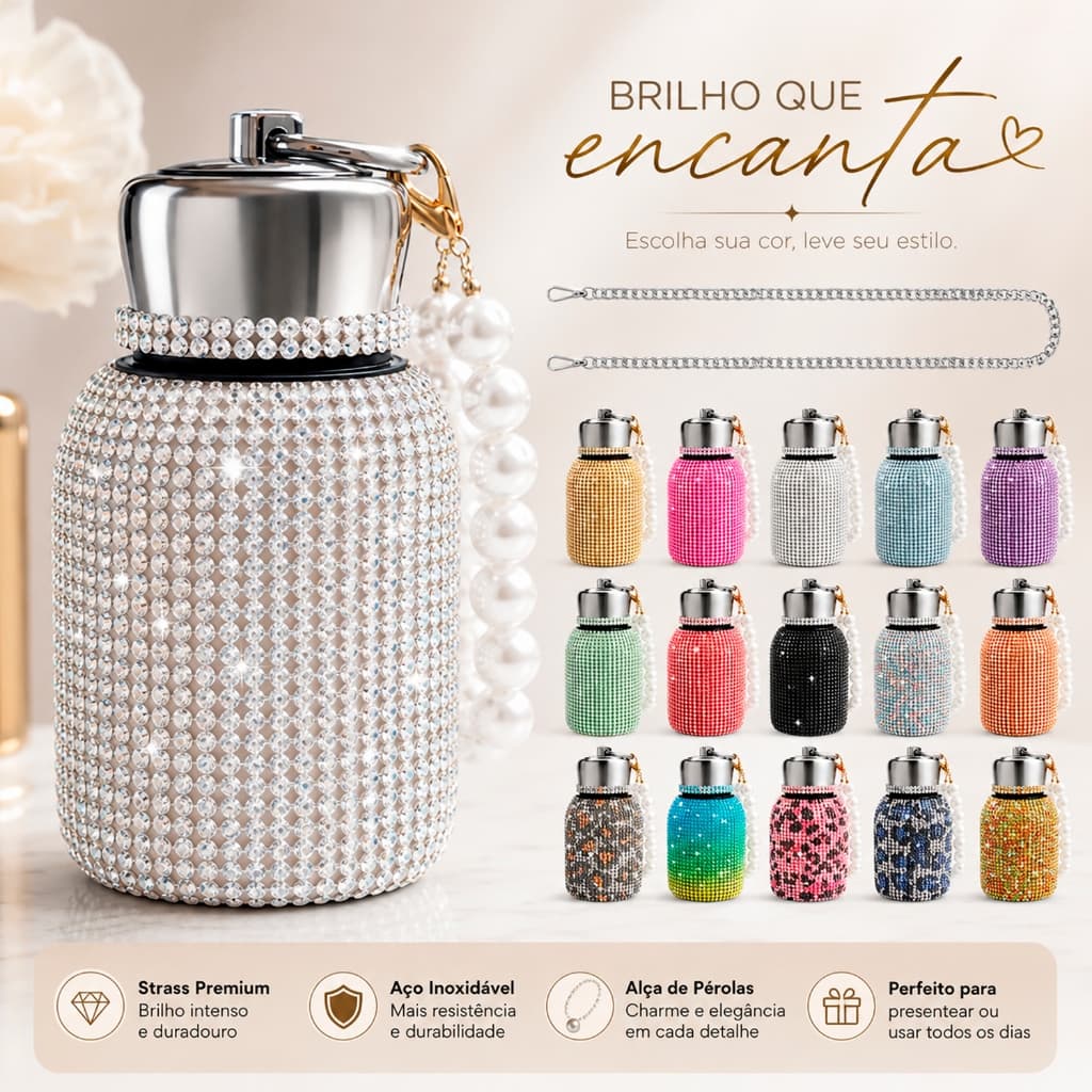 Garrafa Térmica 300ml Aço Inox Cravejada com Strass Luxo Portátil Café Chá Presente Feminino
