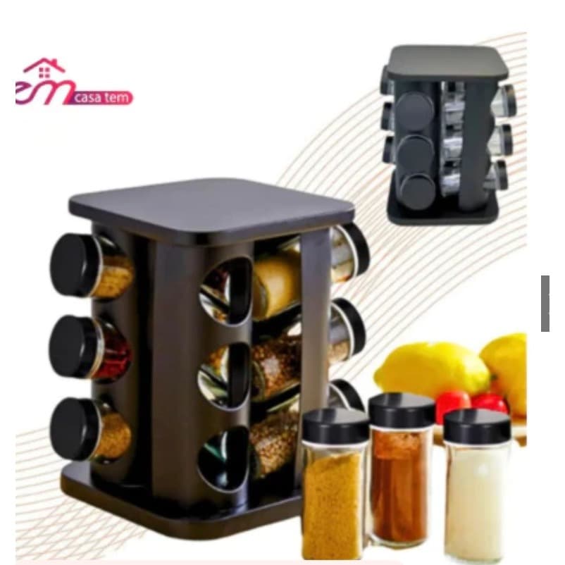 Porta Tempero Condimentos Giratório Preto 12 Potes Vidro 360°