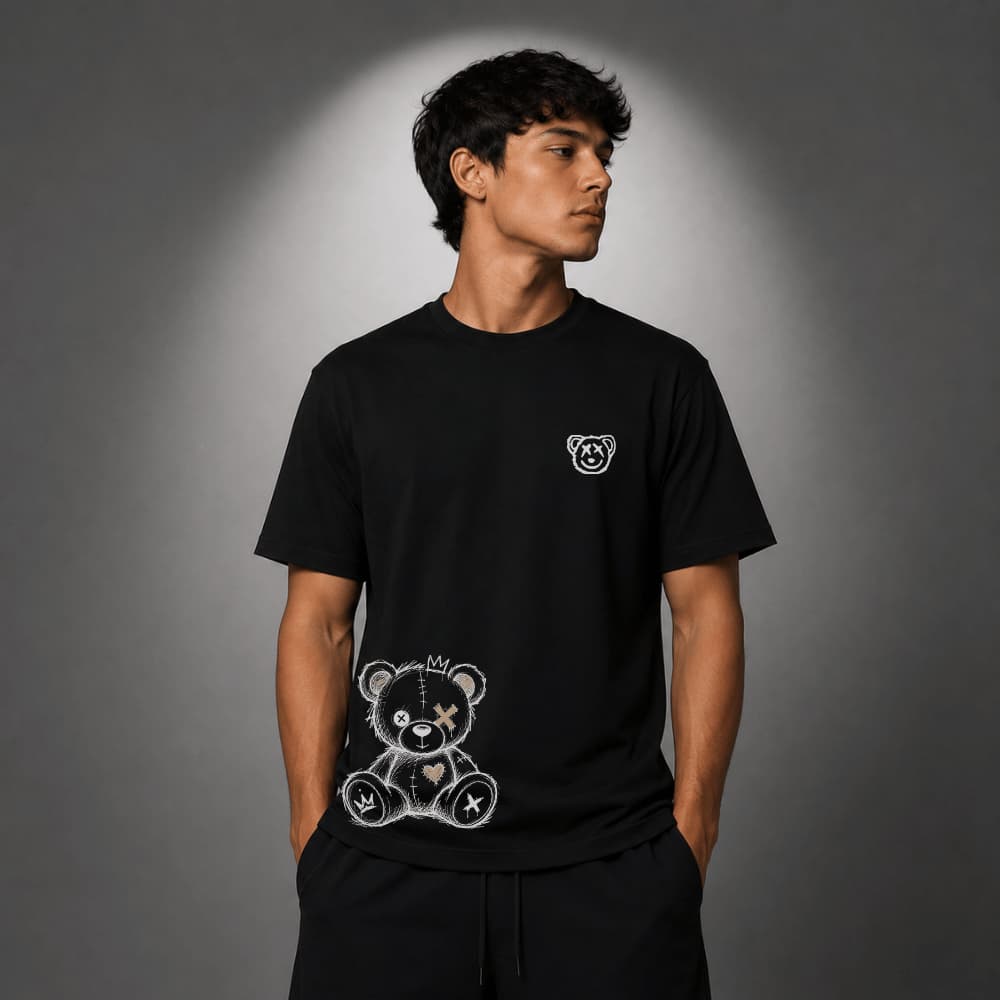 Camiseta Ursinho Rabisco Bege Algodão Estampa Teddy Bear Streetwear Casual