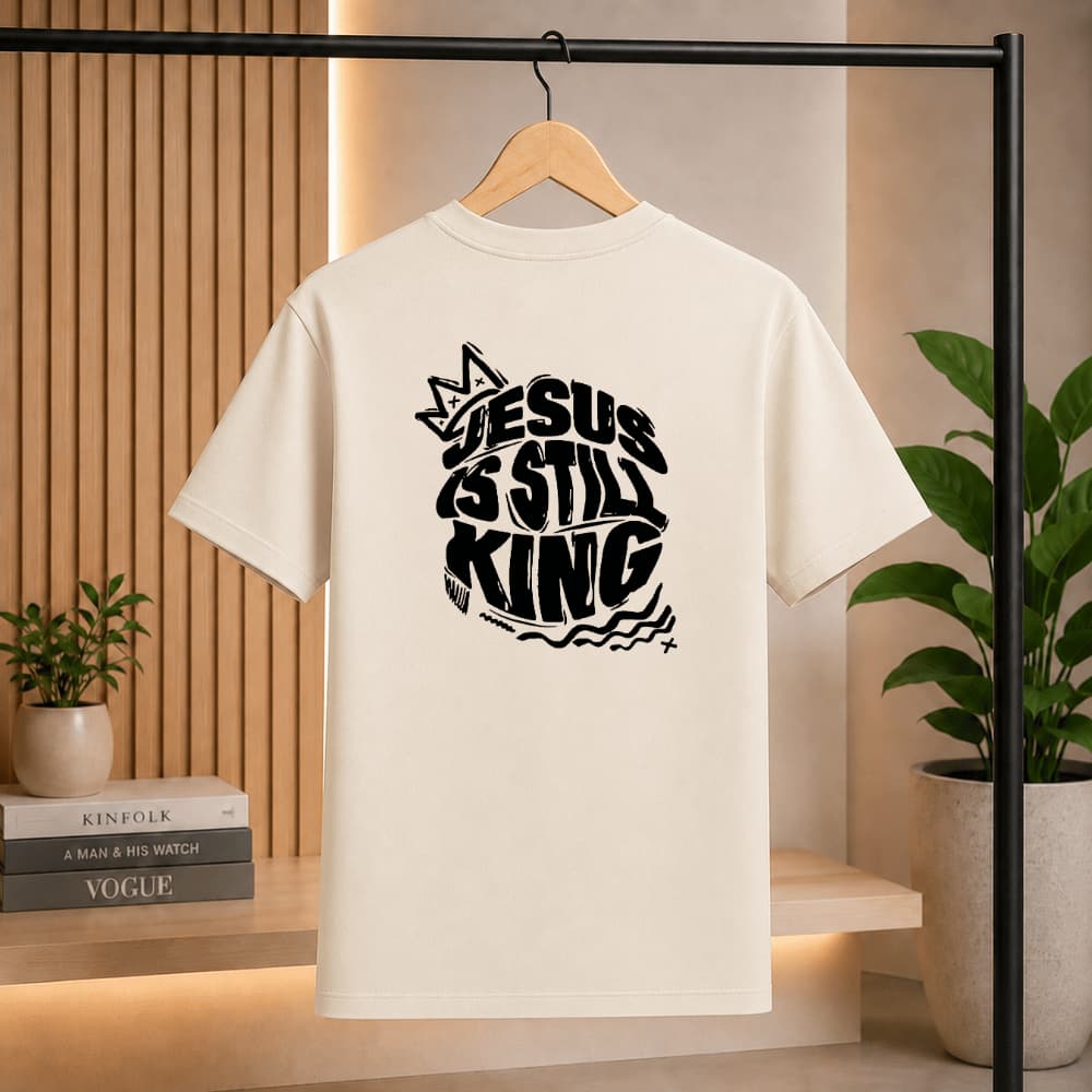 Camiseta Cristã Masculina Preta Jesus Is Still King Algodão Estampada Gospel Streetwear
