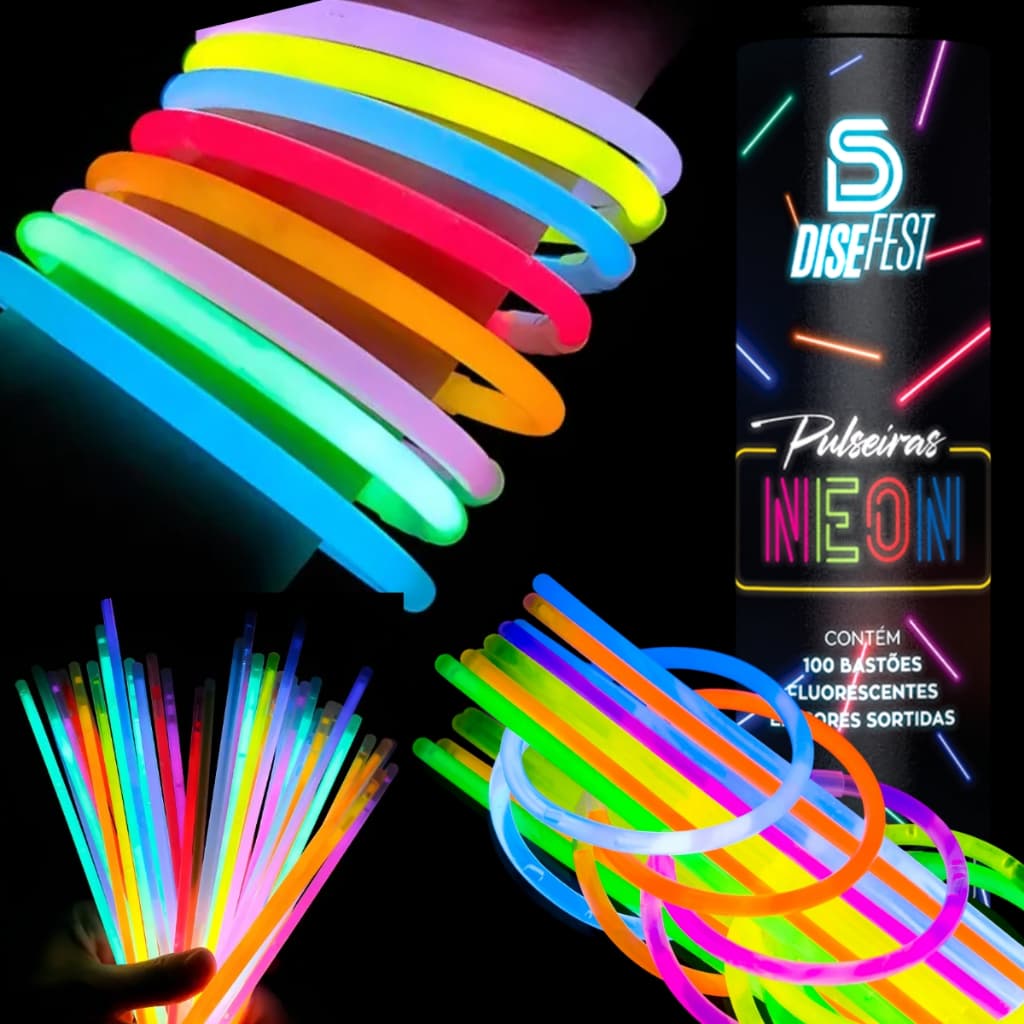 100 Pulseira Neon Fluorescentes Tubo Para Festas Carnaval Reveillon