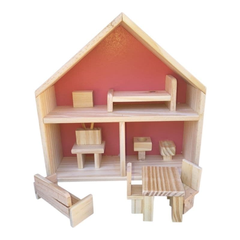 Casinha de Boneca em Madeira Infantil Completa com Mini Móveis Brinquedo Educativo Artesanal 30x30cm