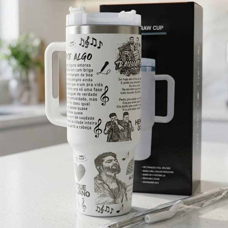 Copo Térmico Personalizado Henrique e Juliano 1200ml Fã com Tampa e Canudo