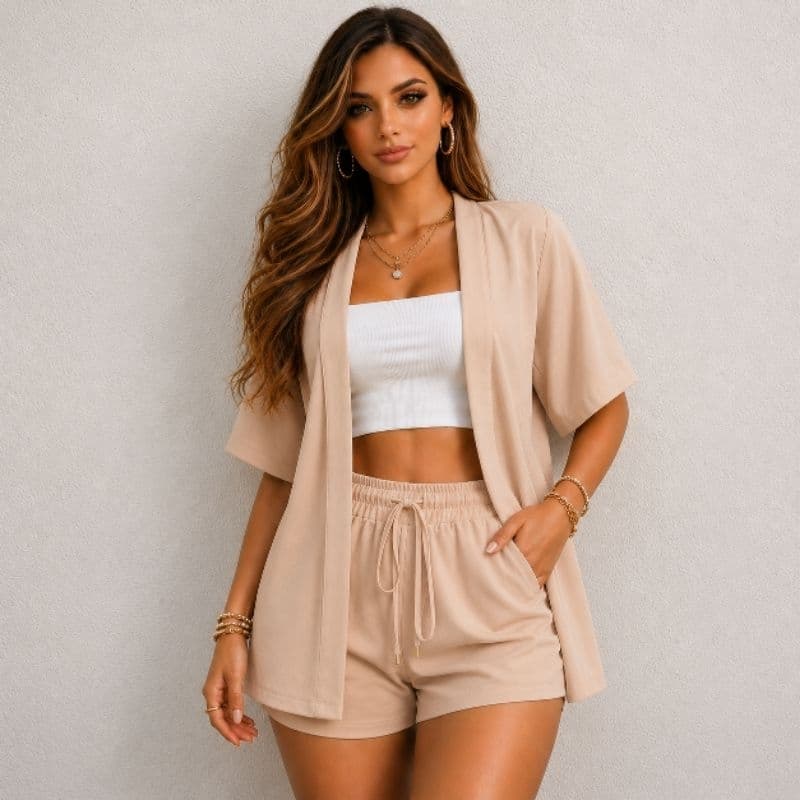 Conjunto feminino kimono e short moda verão 2026