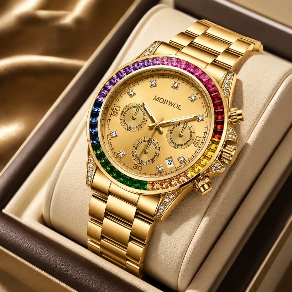 Relógio Masculino Luxo Dourado Quartzo Pulseira de Aço Rainbow Premium Fashion Presente MO2601