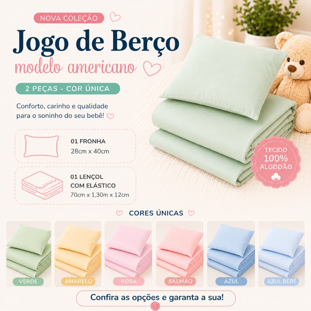 Jogo de Berço - 1 Fronha + 1 Lençol c/ Elástico - 100% Algodão