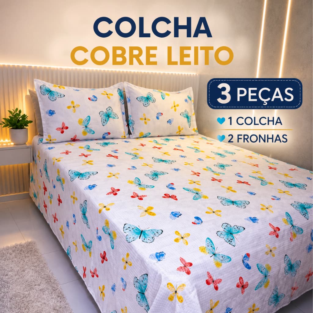 Kit Colcha Cobre Leito Queen 3 Peças Com Fronha Estampa Borboletas