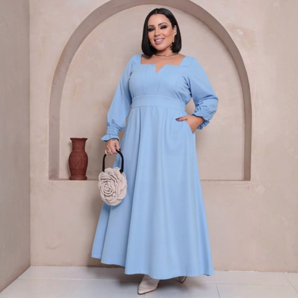 Vestido Femenino Longo Elegante com Decote Quadrado Mangas Compridas e Bolsos  Elastes nas Costas👗
