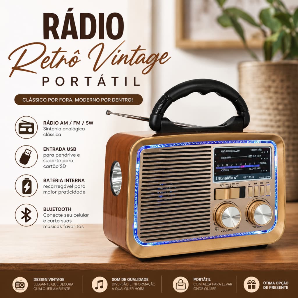 Rádio Retrô Vintage Portátil Bluetooth AM FM SW USB SD Recarregável Retro com Alça