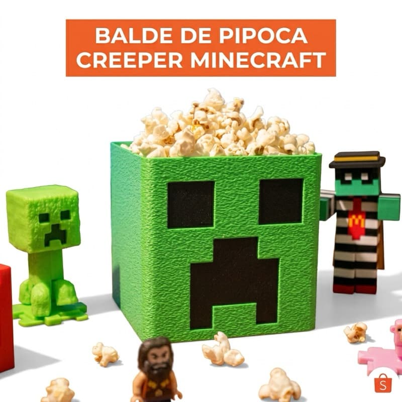 Balde de Pipoca Creeper 15x15x15 | Porta Pipoca Geek Minecraft | Caixa Snack Gamer Decorativa