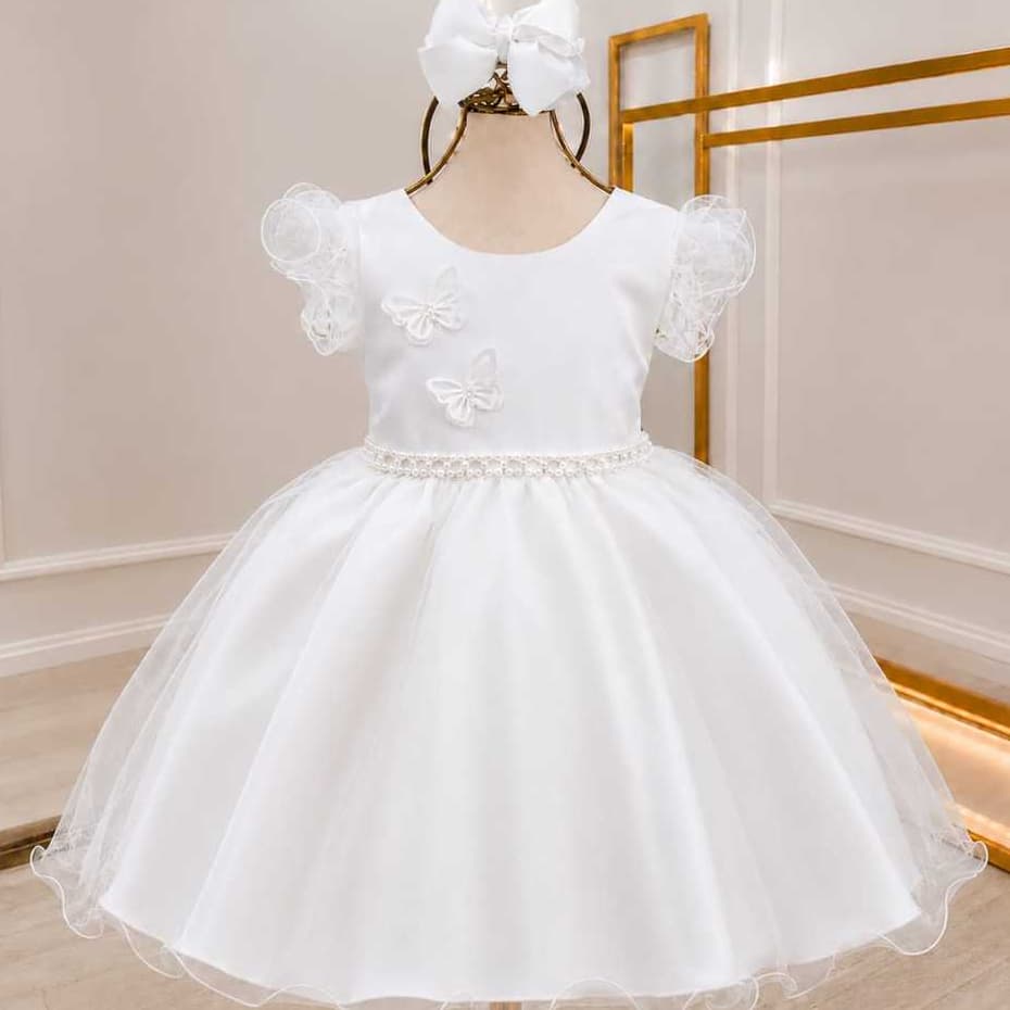 Vestido Infantil Festa Luxo Daminha Princesa Borboletas 3D Tule Rodado Batizado Casamento