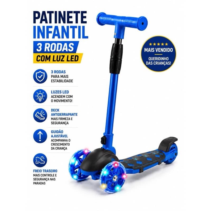 PATINETE INFANTIL 3 Rodas Com Luz e Led  Seguro Criança Luz Colorida Rodas Silicone Ajustável