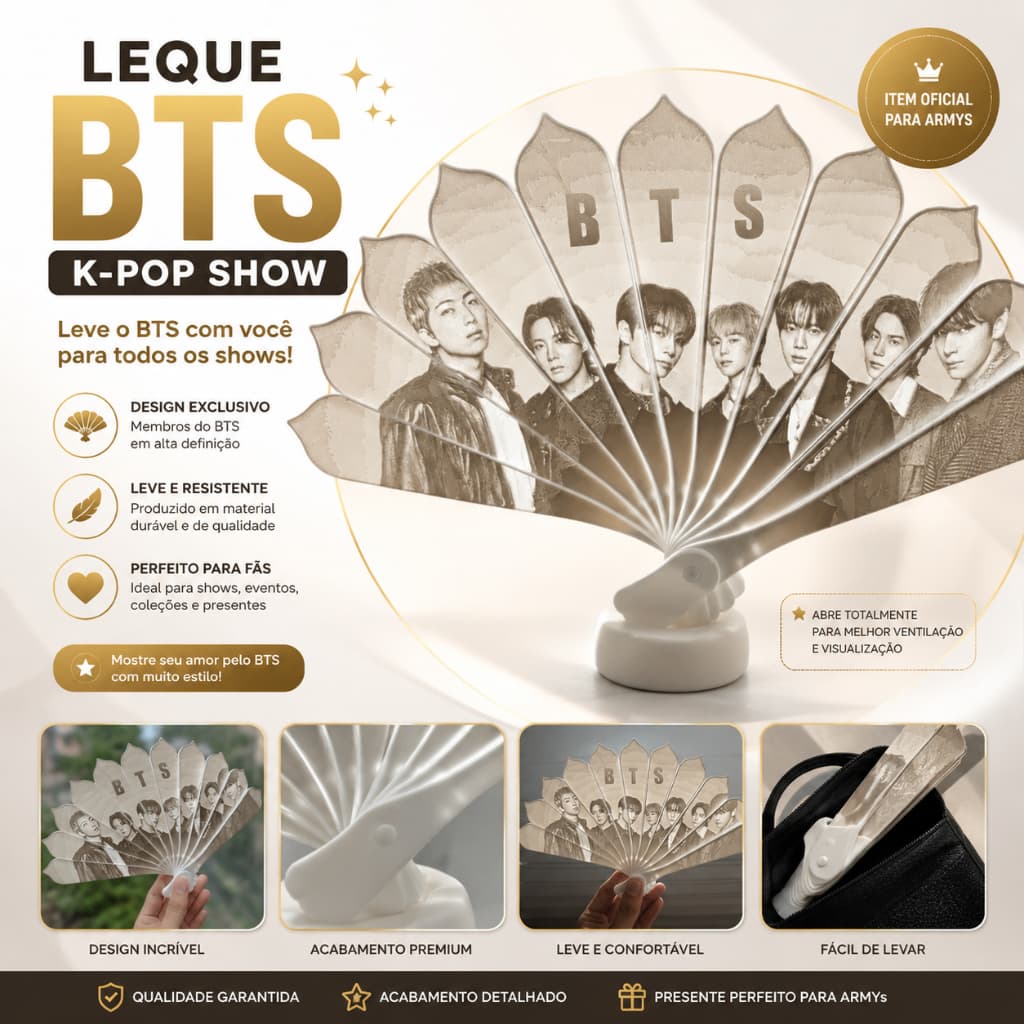 Leque BTS K-Pop Show Impresso em 3D | Premium | Leve | Presente para Army | Fã Clube BTS