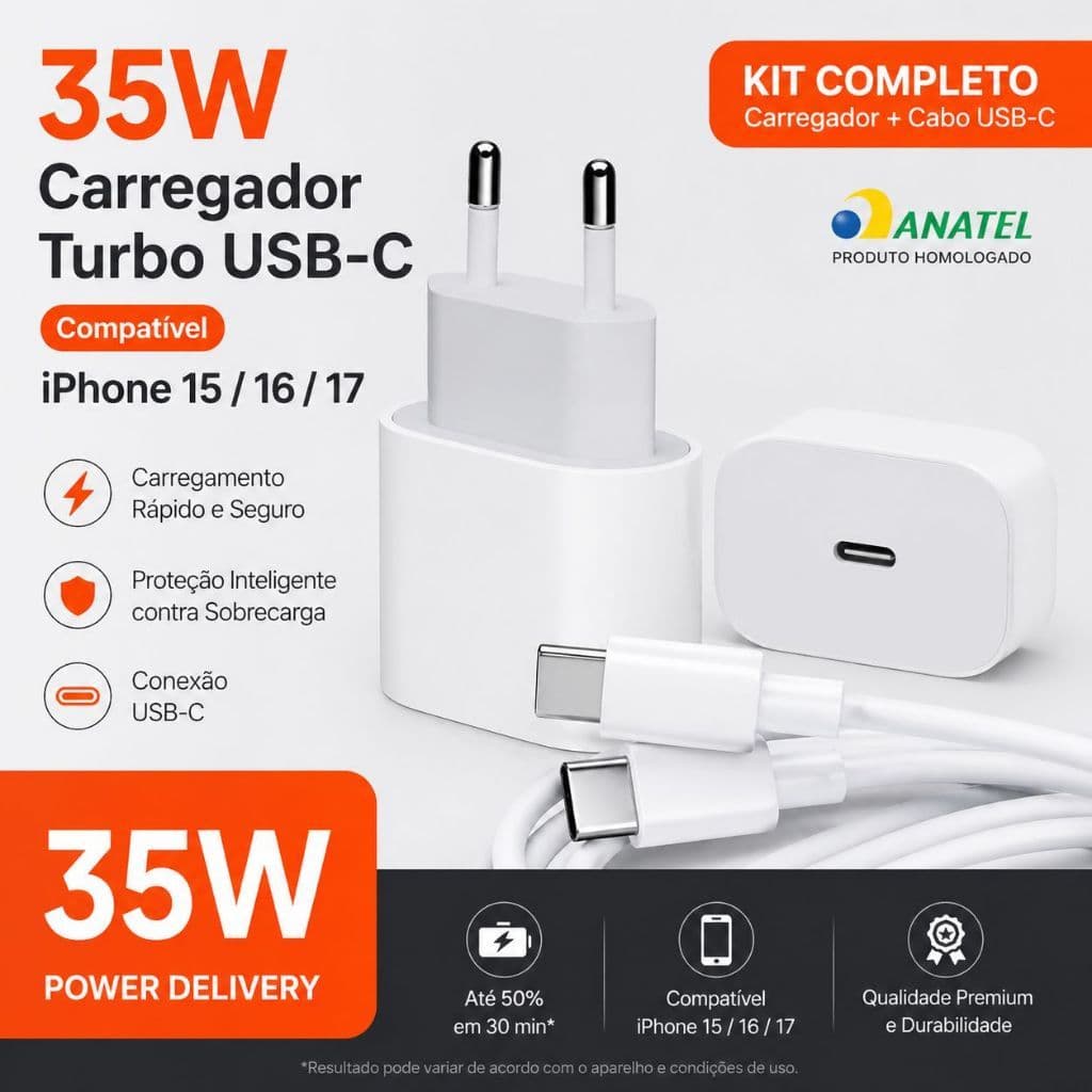 Carregador Turbo Fonte e Cabo 35W IPhone 15,16, 17 Pro Max Carregamento Rápido