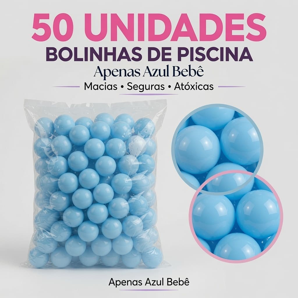 50 Bolinhas de Piscina Infantil Azul Bebê 71mm Brinquedo Criança