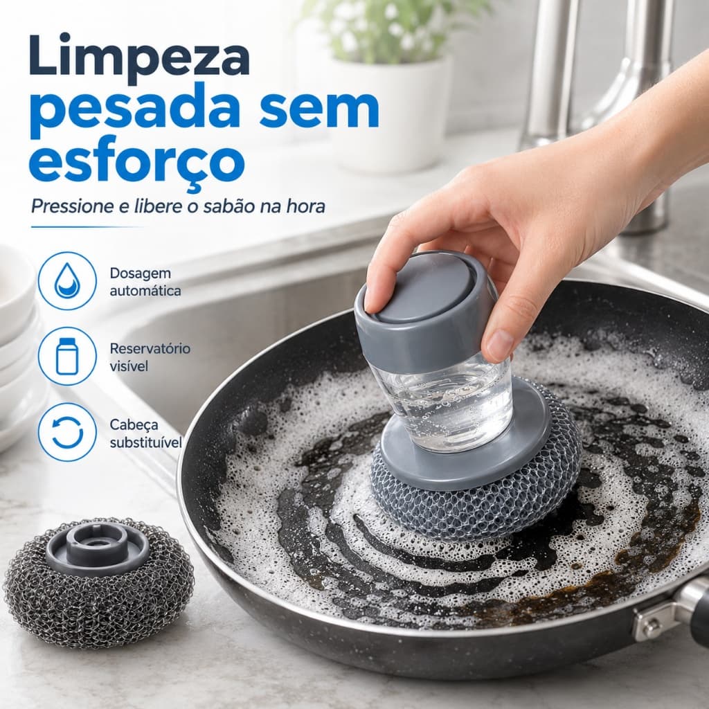 Escova Lava Louças com Dispensador de Detergente, Esponja Removível e Botão Dosador para Panelas, Pratos e Pia, 10 cm