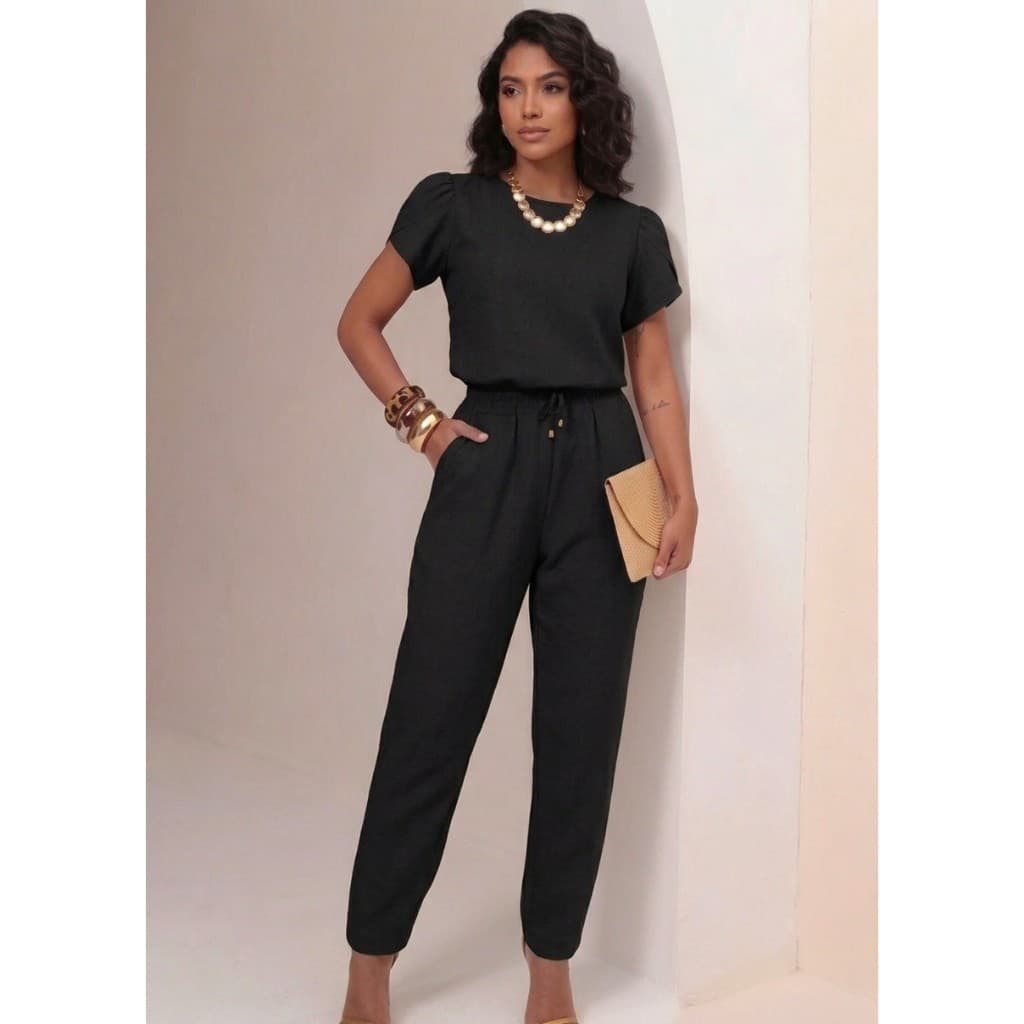 Conjunto Feminino Linho Com Elastano Calça E Blusa Manga Curta Princesa Alfaiataria Moderno Elegante Comfort
