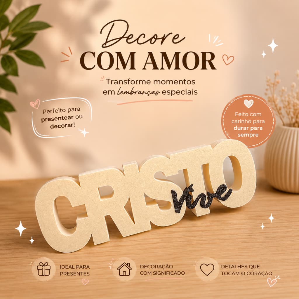 Enfeite Decorativo Cristo Vive | Placa Cristã para Mesa e Estante