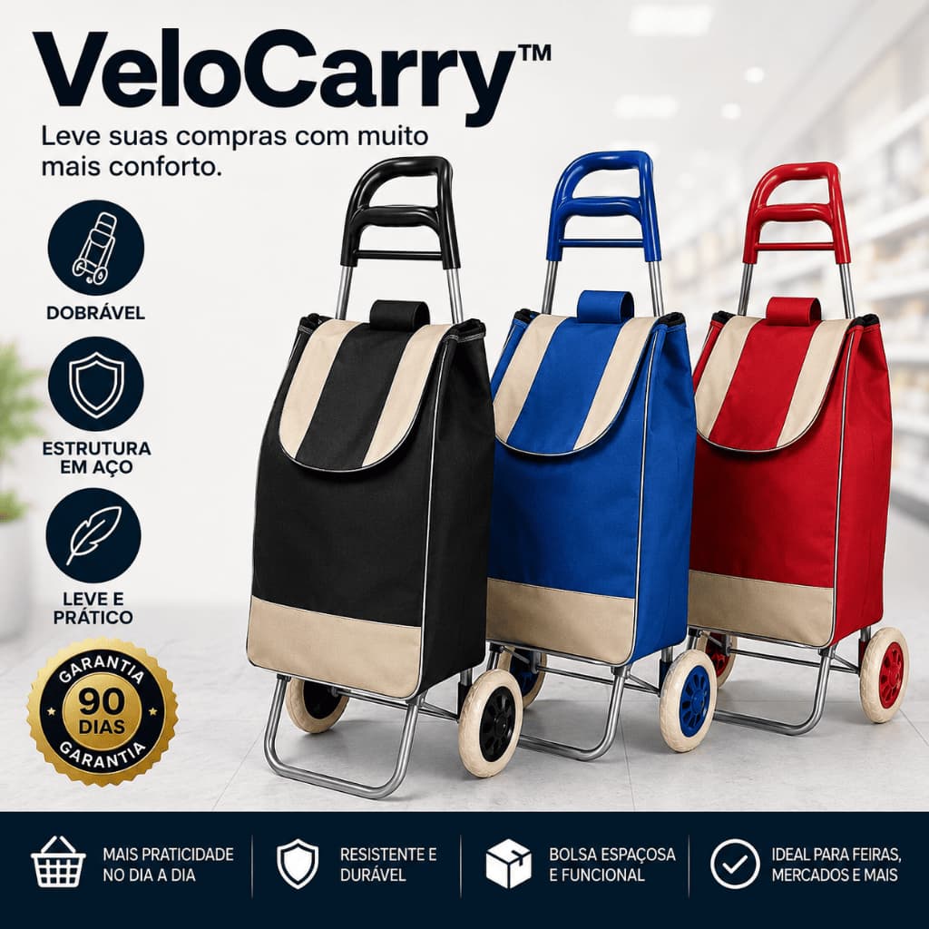Carrinho de Feira Dobrável com Bolsa Reforçada em Aço 2 Rodas Leve VeloCarry™ portátil e leve.