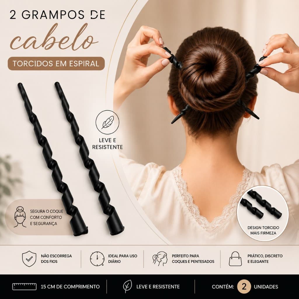 Grampo de Cabelo Espiral Torcido Kit com 2 Unidades para Coque e Penteados