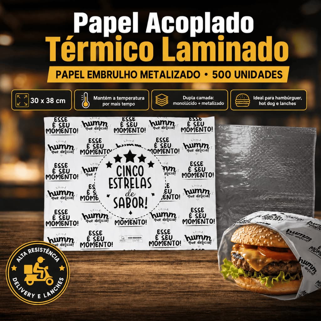 Papel Térmico Laminado Metalizado para Hambúrguer e Lanche 30x38cm 500 Unidades