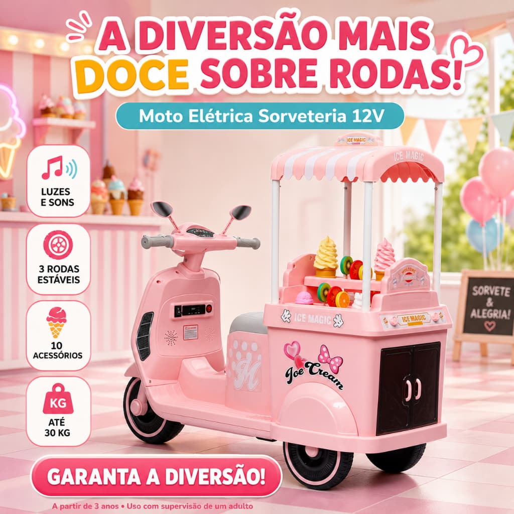 Moto Elétrica Infantil Sorveteria 12 Volts Rosa Passeio Seguro Diversao Crianca Refrigerio