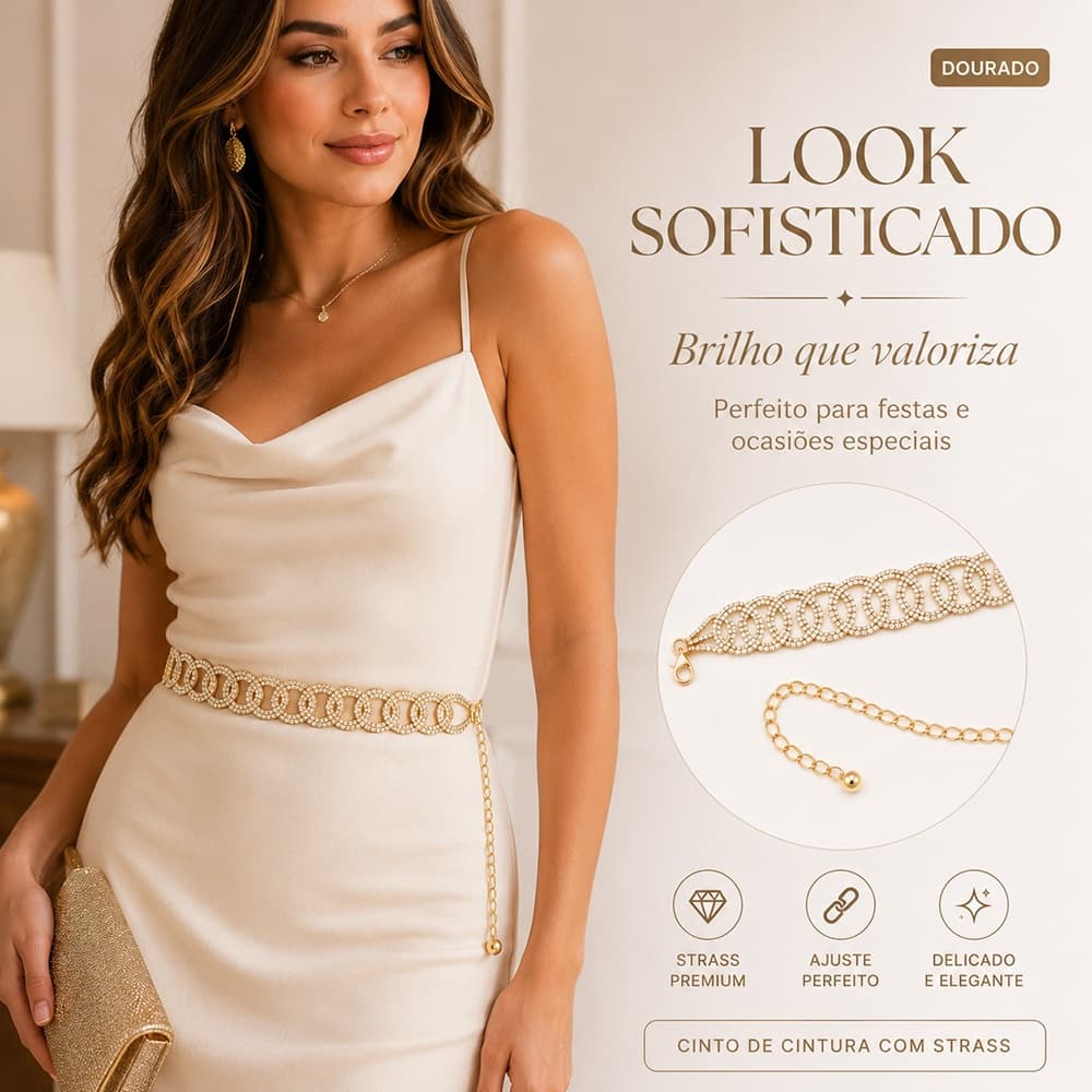 Cinto Feminino de Cintura com Strass Brilhante Corrente Dourada Ajustável Elegante para Vestido Festa e Look Fashion
