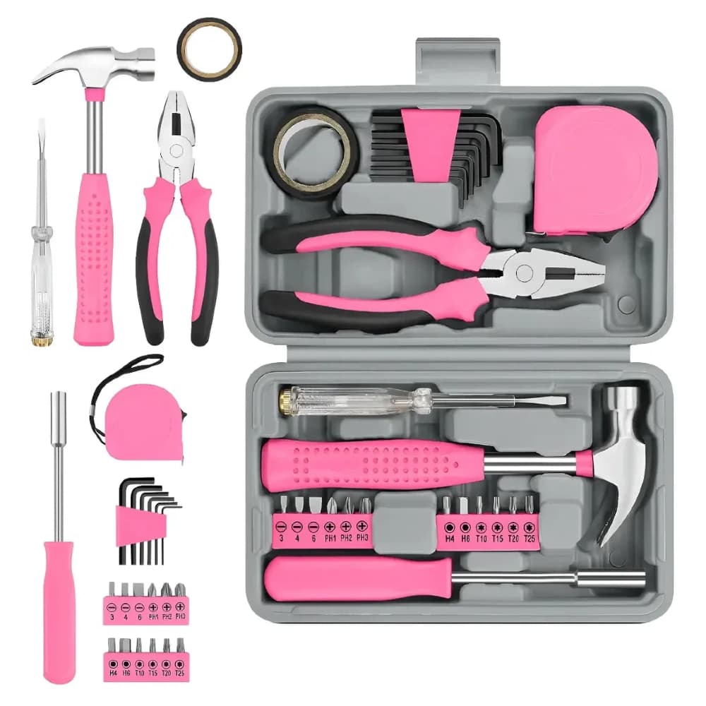 Kit Maleta de Ferramentas Rosa 13/24 Peças Multifuncional Portátil para Reparos em Casa e Trabalho