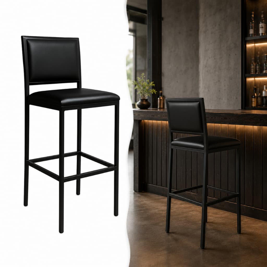 Banqueta Viena em Aço com Assento e Encosto em Corino Preto – Design Moderno para Balcão, Cozinha e Área Gourmet