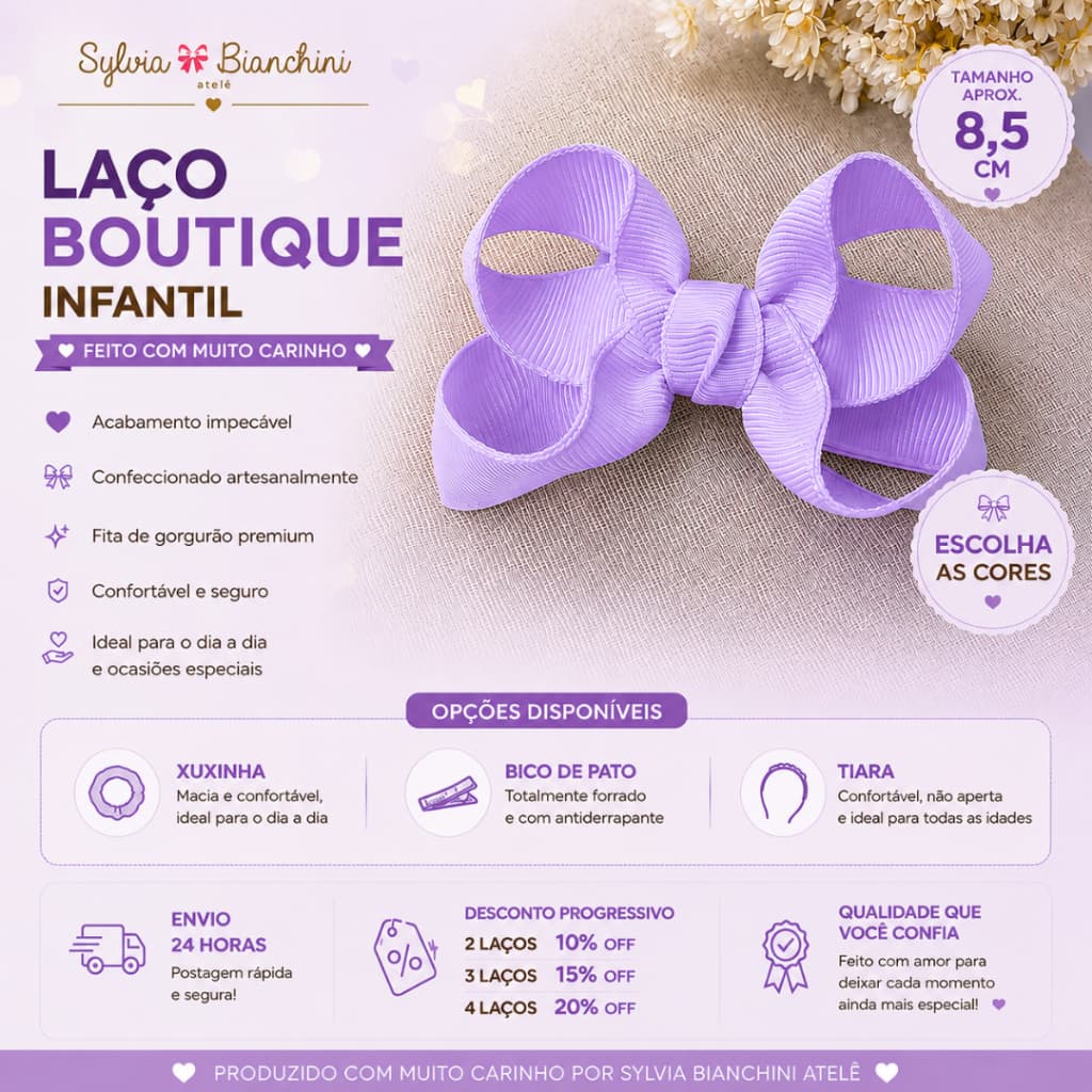 Laço Boutique Infantil 8,5cm para Cabelo Menina Gorgurão Premium Xuxinha Bico de Pato Tiara Artesanal