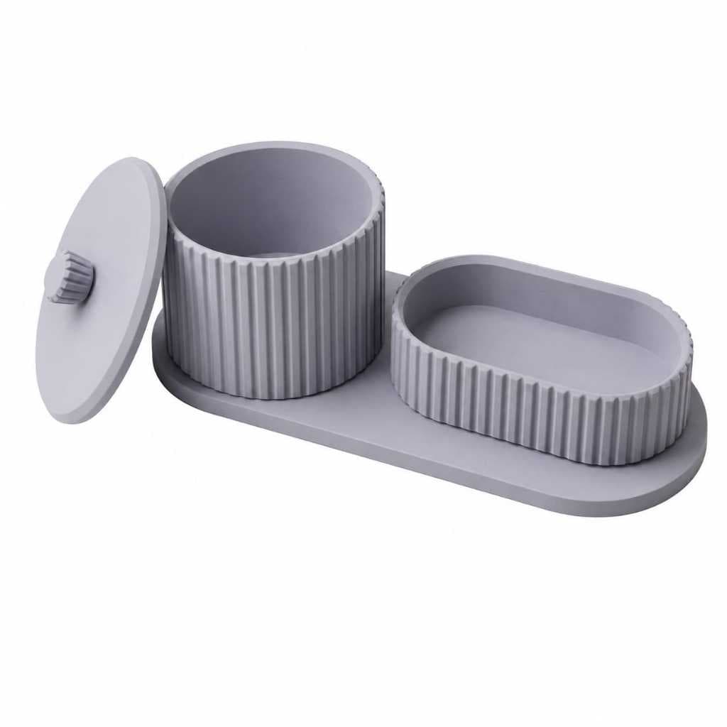Kit Organizador Banheiro Lavabo Canelado 3 Peças Bandeja Pote C/ Tampa Porta Algodão Penteadeira Lux