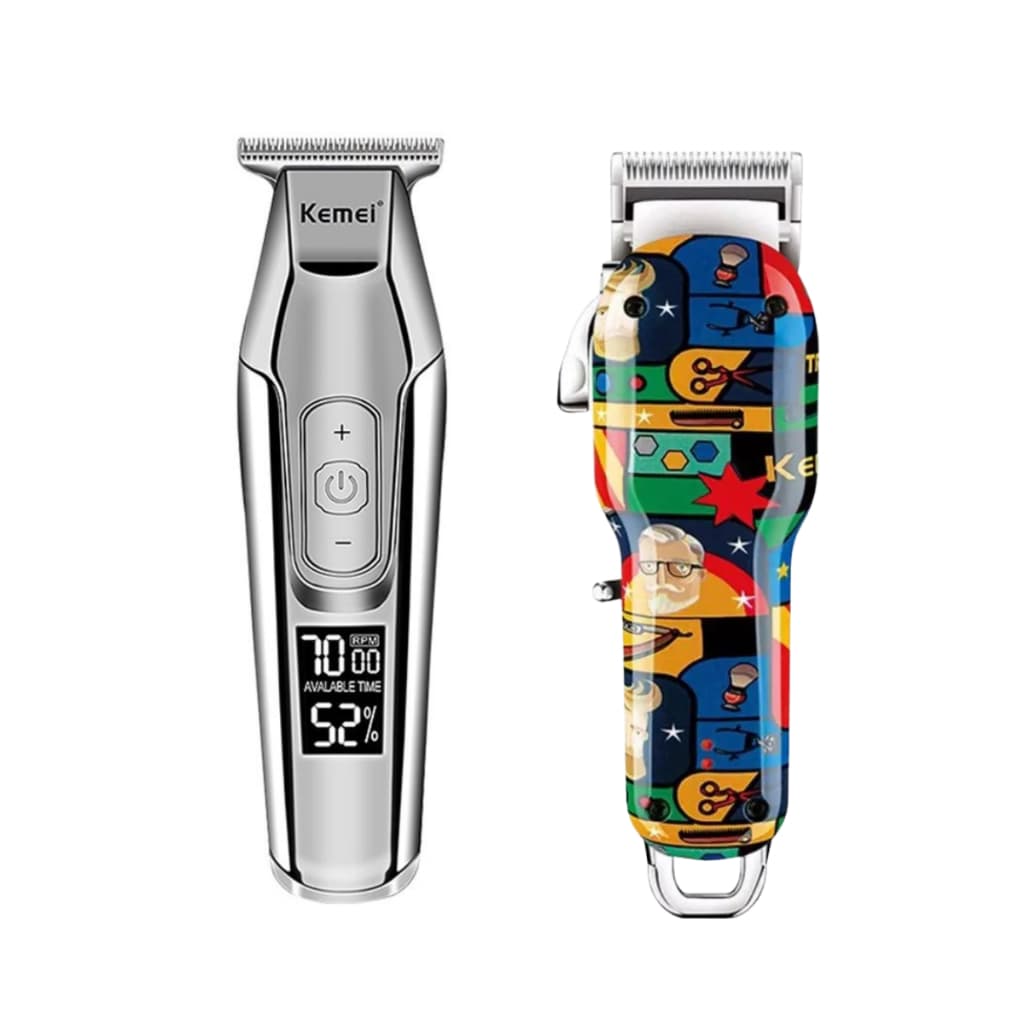 Kit Máquina de Cortar Cabelo Profissional Kemei KM-5027 + Kemei MAX 2092 Sem Fio Recarregável Completo Barbeiro Original