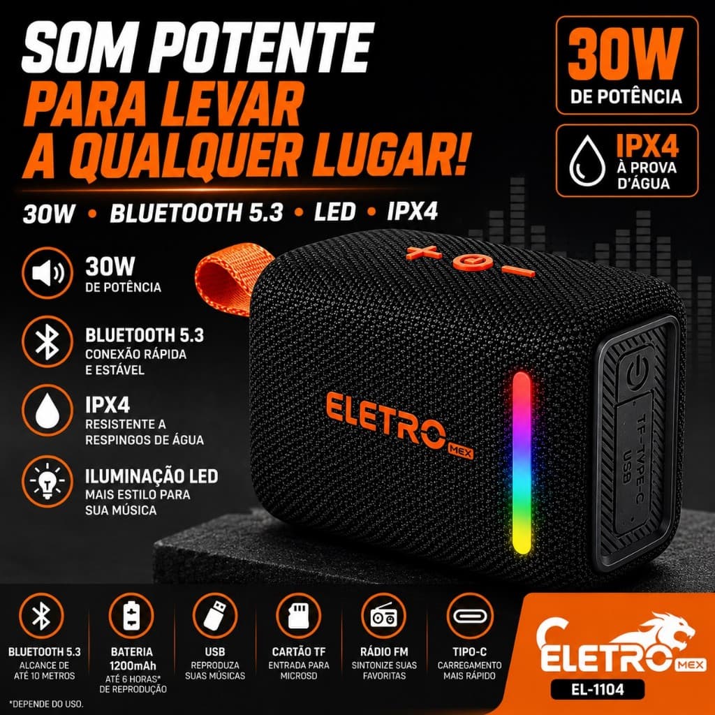 Caixa de Som Bluetooth Portátil 30W LED IPX4 Resistente à Água Rádio FM USB TF Tipo C com Alça