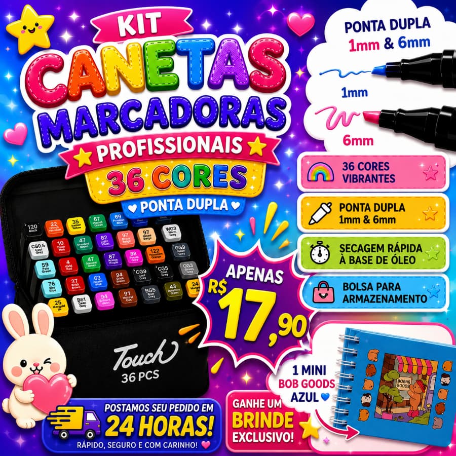 Kit 36 Canetas Marcador Permanente Ponta Dupla + Brinde Especial - POSTAMOS EM ATÉ 24 HORAS🔥