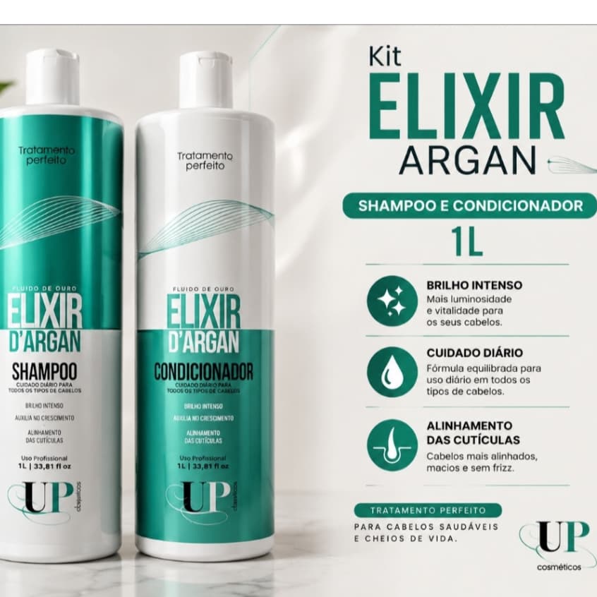UP ÉLEGANCE - KIT SHAMPOO E CONDICIONADOR ELIXIR ARGAN, CRESCIMENTO E BRILHO