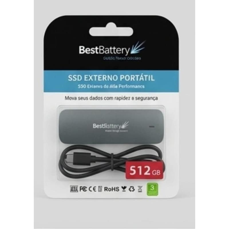 SSD Externo Portátil 512GB M.2 NVMe BestBattery USB-C Alumínio Ultra Rápido PC Notebook PS5/ Xbox.