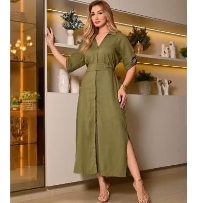 Vestido Chemise Midi de Linho Elegante e Moderno Fenda Frontal