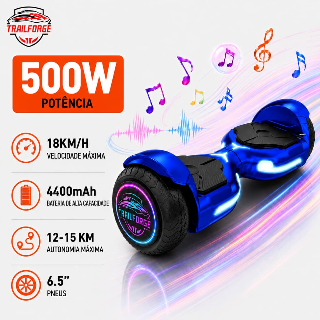 Trailforge skate eletrico hoverboard 6.5 4400mah Som Bluetooth Com Luz Led Roxo