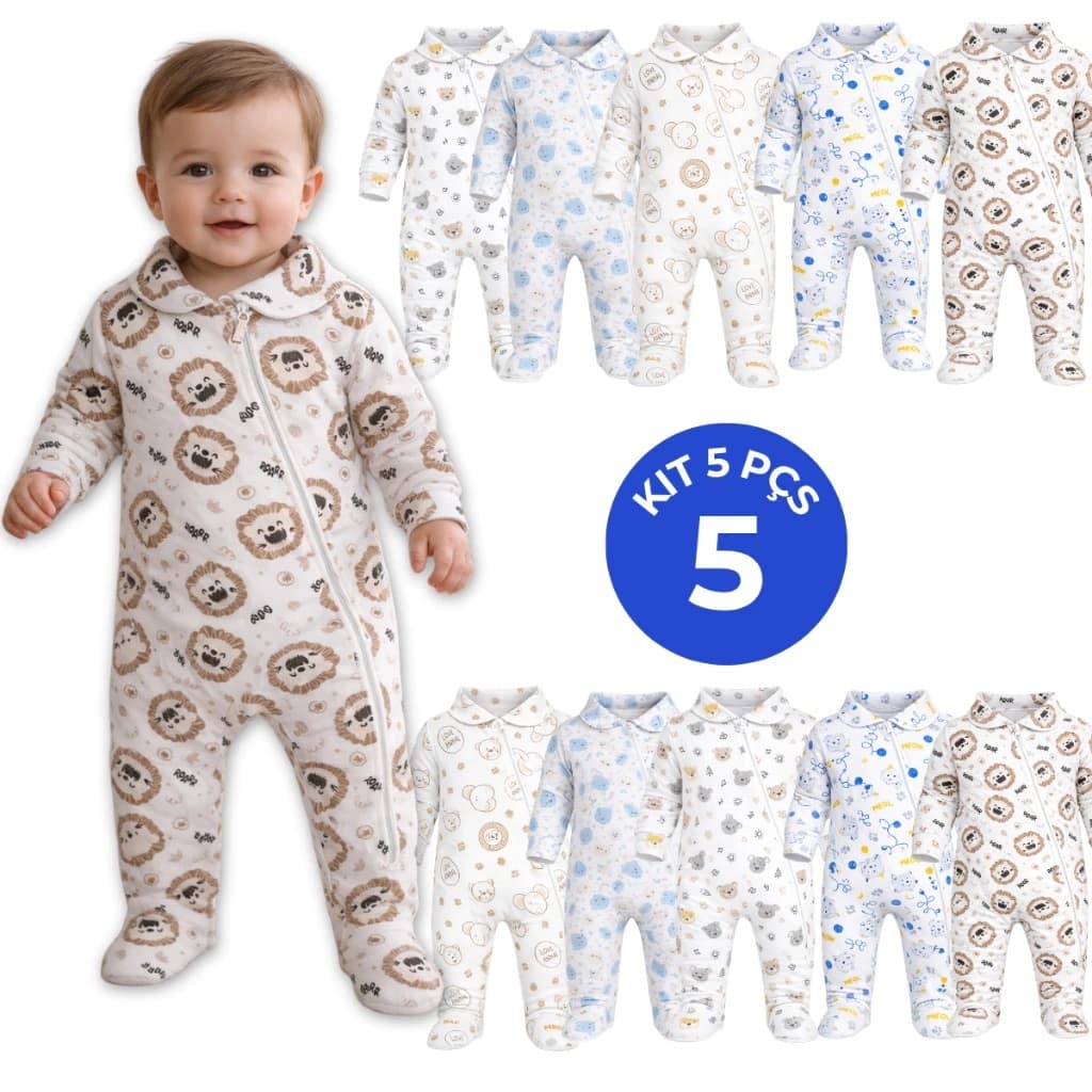 Kit 5 Macacão Menino Longo Bebê Ribana Estampada Algodão com Zíper Menina Enxoval Maternidade Top