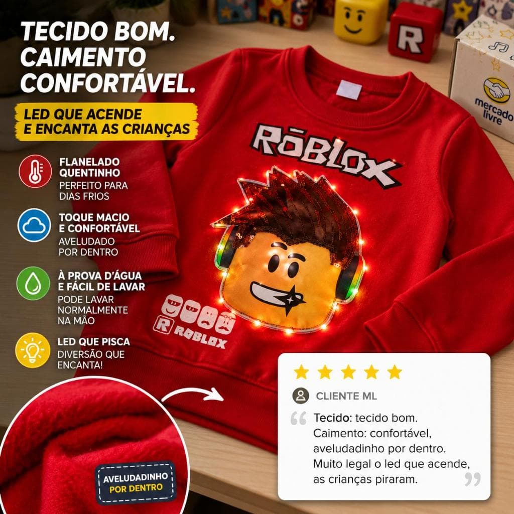 Blusa Moletom Roblox Vermelha com Led a prova D´água Infantil
