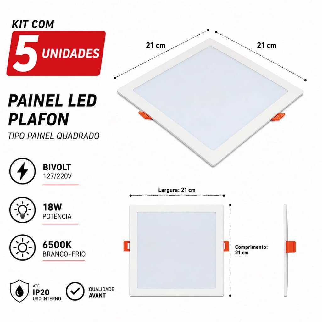 Kit 5 Painéis LED Embutir Quadrado 18W Avant 3000K Branco Quente Bivolt Slim para Gesso Drywall 1260lm