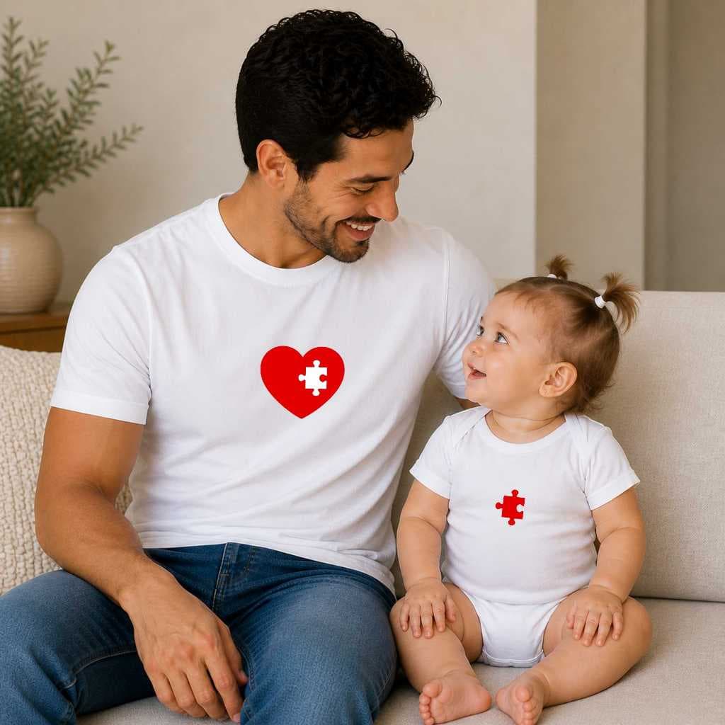 Kit Camiseta Frase Tal Pai e Filho / Mãe e Filho 100% algodão coração quebra-cabeça DDM