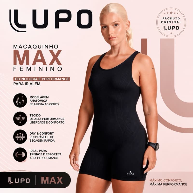 Macaquinho Lupo Max Feminino Original Sem Costura Modelador Academia Fitness Treino Compressão Alta Performance