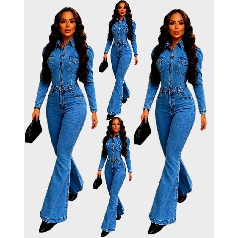 Macacão Manga Longa Jeans feminino FLARE com lycra Aconchegante [ *40 ao 48*]