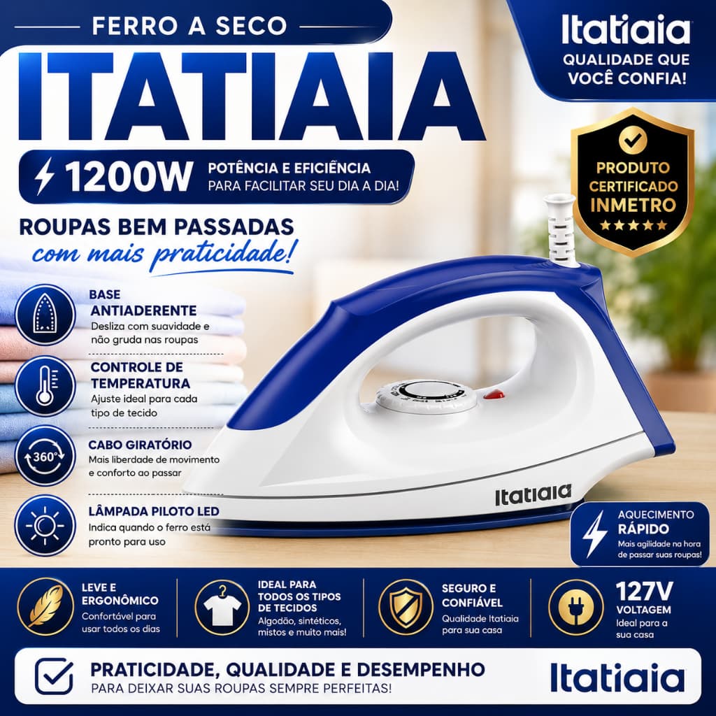 Ferro de Passar Itatiaia Seco 1200W Antiaderente Controle de Temperatura Rápido e Eficiente