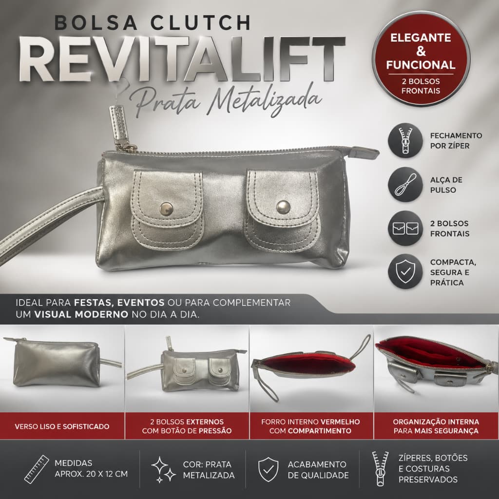 Bolsa clutch Revitalift prata metalizada c/ alça de pulso (elegante & funcional) 2 bolsos frontais