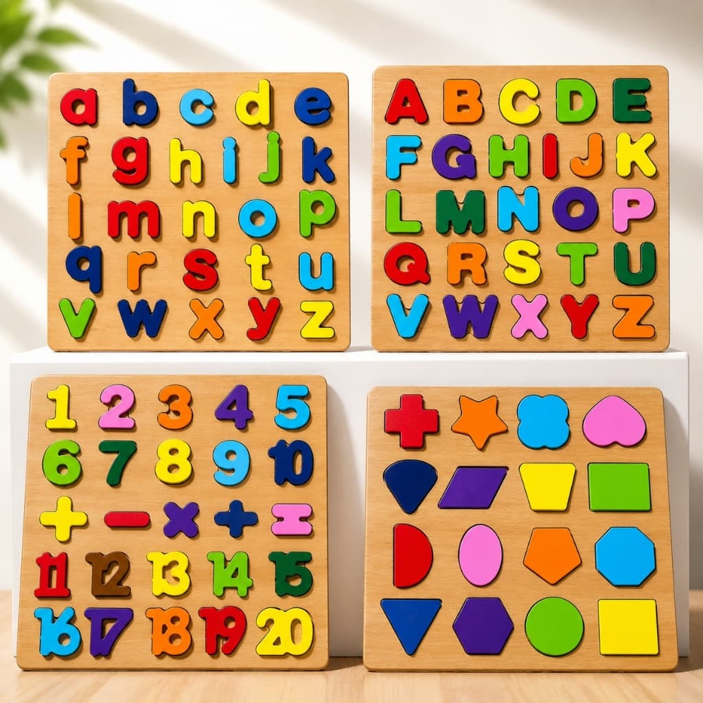 Kit 1-4 Tabuleiros Quebra Cabeça Educativo Pedagógico Montessori Alfabeto Matemática Números Encaixe Formas Geométricas